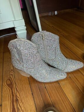 Sincerly Jules Iridescent Crystal-Embellished Ankle Cowboy Booties